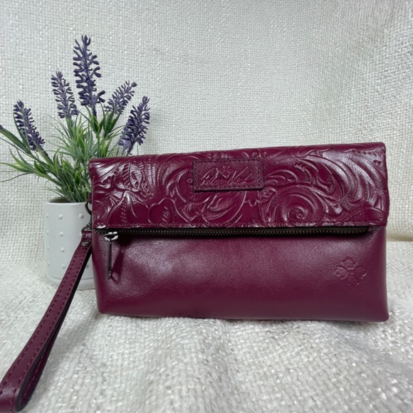 Patricia Nash "Valerie" Burgundy Floral-Embossed TooledLeather Fold-OverWristlet - Picture 1 of 14